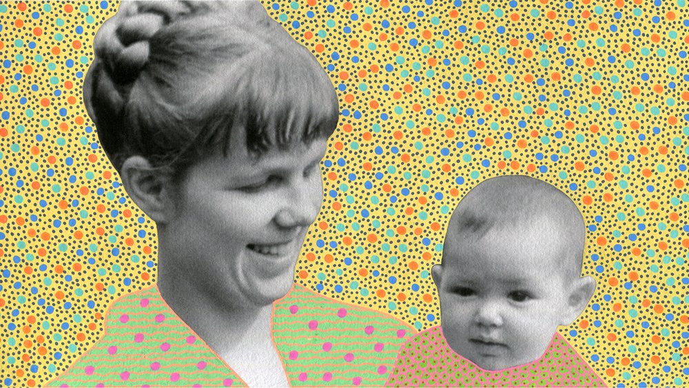 Monochromatic vintage photograph of a smiling woman holding a baby, set against a colorful dotted pattern background, collage style.