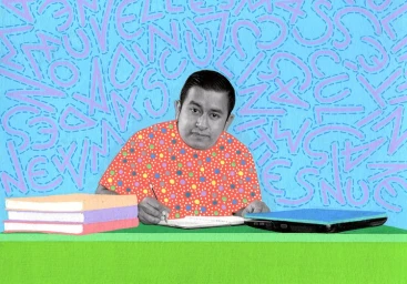 Illustrated collage featuring a man sitting at a desk with stacked books and a laptop against a blue patterned background