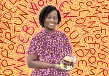 Portrait of a smiling woman holding a tray with a sandwich against a yellow background by illustrator Naomi Vona.