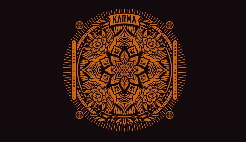 Ornate circular graphic design in brown against a black background, featuring floral and eye elements. The text "KARMA" is displayed.