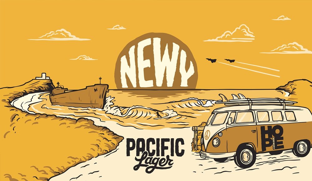Cartoon illustration of a beach scene with a vintage van, ocean waves, and text 'NEWY' against a sunset, evoking a coastal lifestyle.