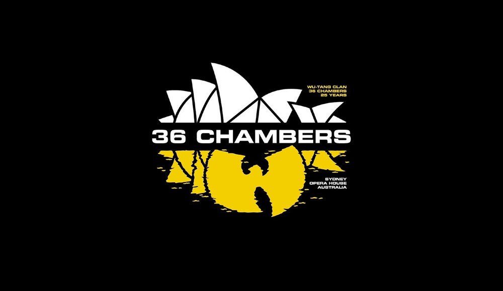 Concert poster art featuring the Wu-Tang Clan logo and the Sydney Opera House against a black backdrop with white and yellow text.