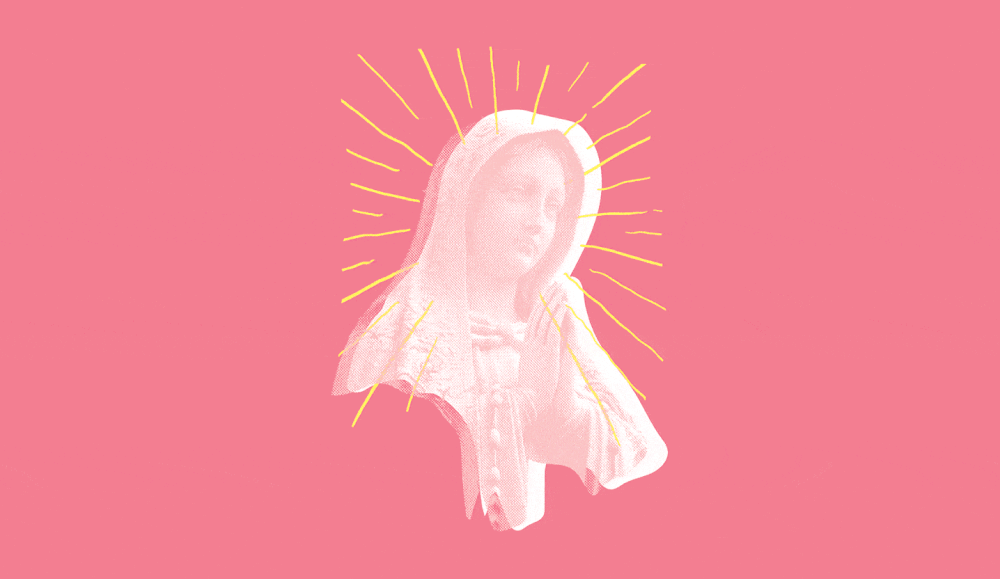 Illustration of a bust with a veil and a light yellow halo effect on a solid pink background, showcasing art and visual design.