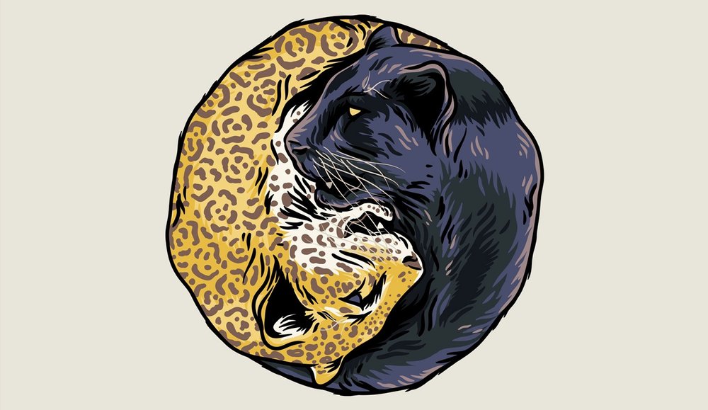 Illustration of two large cats, a black panther and a leopard, intertwining in a circular design, set against a light beige background.