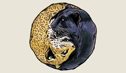 Circular illustration by Kiel Tillman featuring a spotted leopard and a dark panther interlocked in a yin-yang design.
