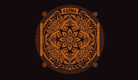 Intricate circular orange illustration featuring the word KARMA at the top, floral mandalas, and text elements on a dark background.