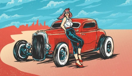 Retro illustration of a woman leaning against a red hot rod car under a blue sky with clouds.