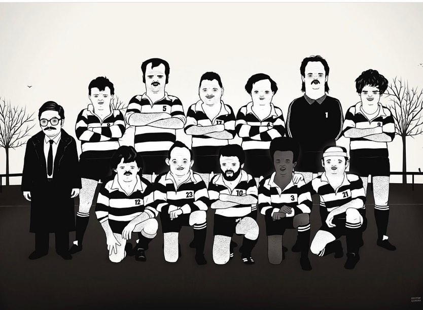 Illustration of a rugby team posing outdoors. Men wear striped shirts and dark shorts. A coach stands in the background.