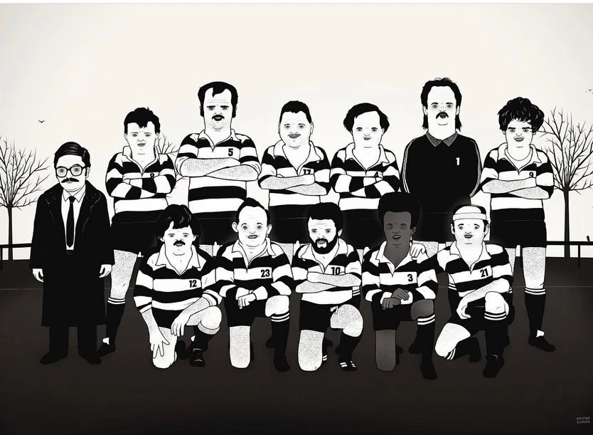 Illustration of a rugby team posing outdoors. Men wear striped shirts and dark shorts. A coach stands in the background.
