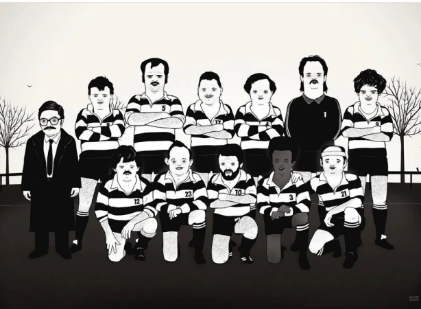 Illustration of a rugby team posing outdoors. Men wear striped shirts and dark shorts. A coach stands in the background.