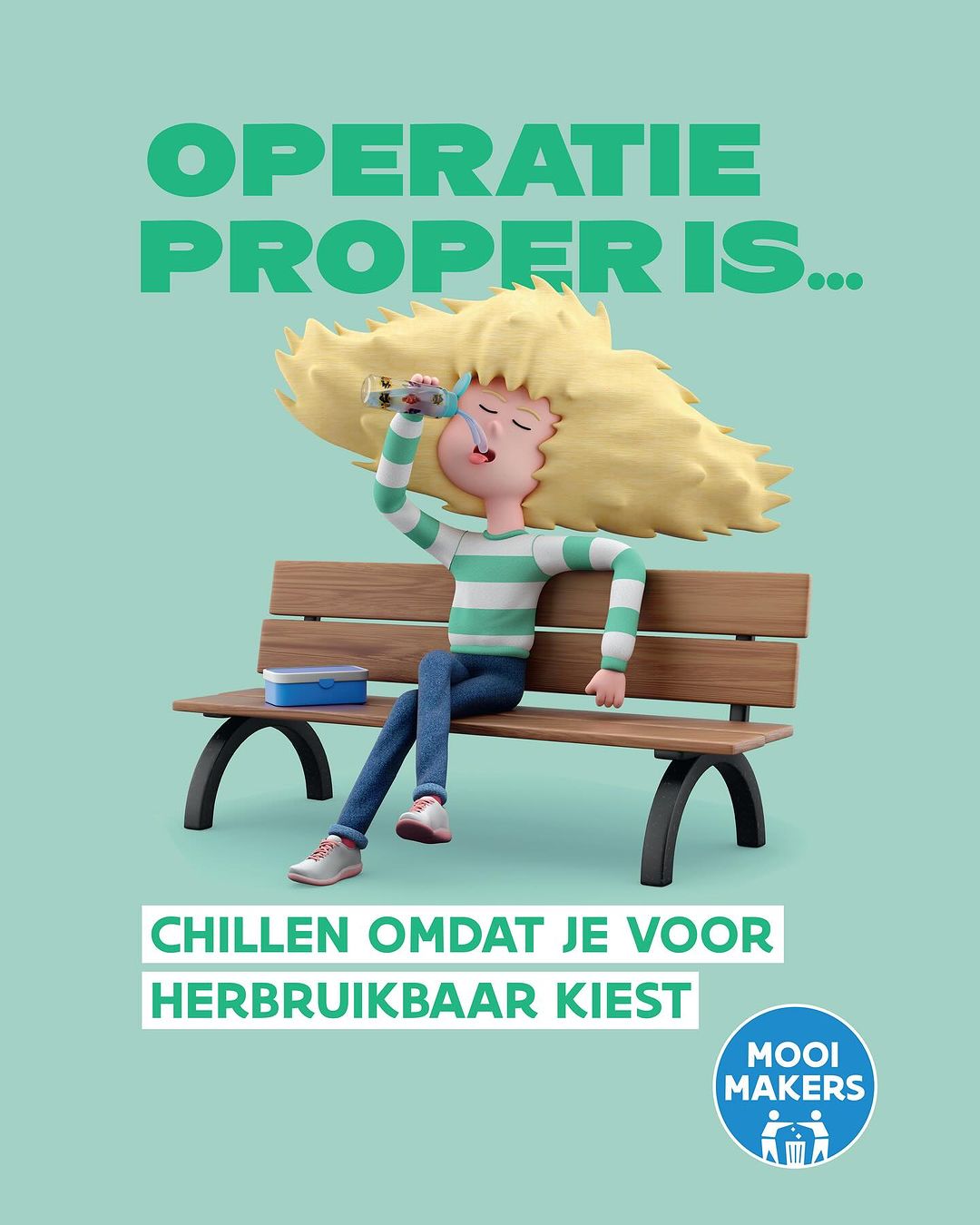 3D rendered cartoon woman with blond hair sitting on a bench drinking from a glass, lunchbox beside her, green background, text above and below.