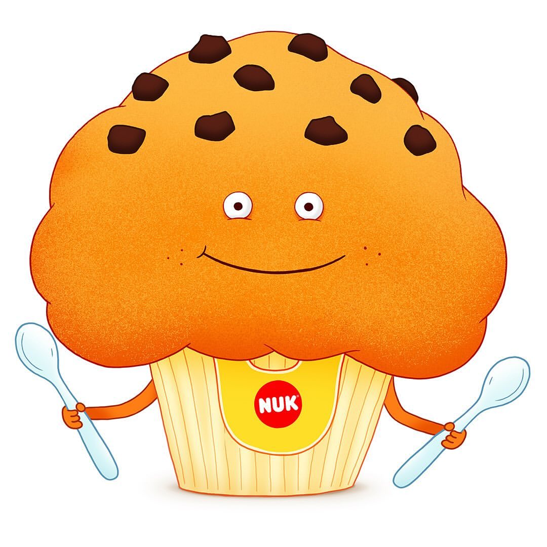 Cartoon illustration of an anthropomorphic muffin with chocolate chips, holding spoons and wearing a bib with a logo on a white background.