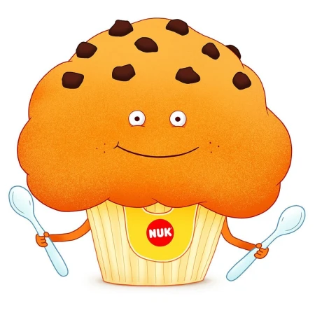 Cartoon illustration of an anthropomorphic muffin with chocolate chips, holding spoons and wearing a bib with a logo on a white background.