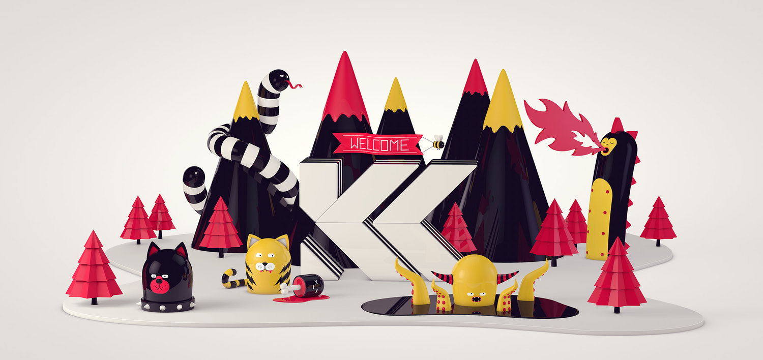 Surreal digital art scene with cartoon animals, mountains, and trees in black, yellow, and red against a clean, white backdrop.
