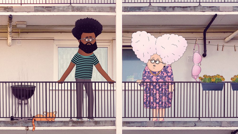 Animated scene of a man and woman on separate apartment balconies, with a grill and cat on one, and a clothesline on the other.