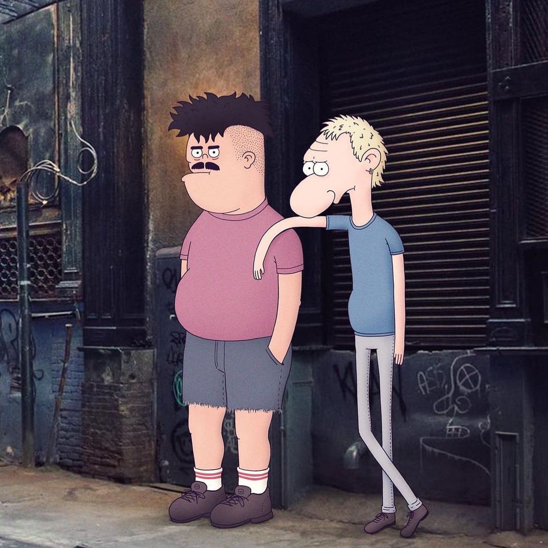 Two cartoon men standing together on a street, one with his hand on the other's shoulder, urban setting, illustration style.