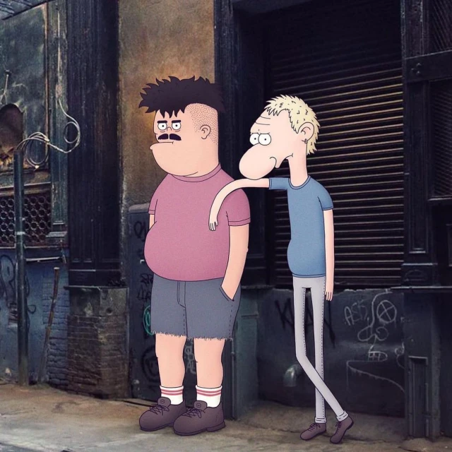 Two cartoon men standing together on a street, one with his hand on the other's shoulder, urban setting, illustration style.