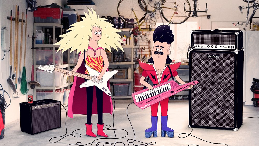 Animated characters perform music in a garage. A female guitarist with wild hair and a male keyboardist stand with instruments and amps.