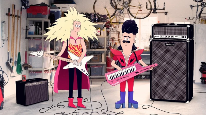Animated characters perform music in a garage. A female guitarist with wild hair and a male keyboardist stand with instruments and amps.