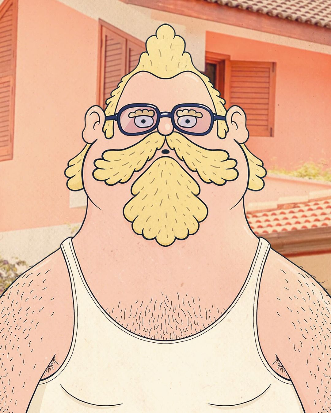 Cartoon character with a blond beard and eyeglasses stands in front of a peach-colored house with closed shutters and a red-tiled roof.