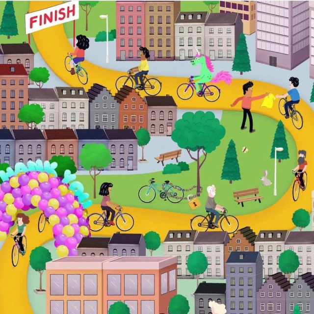 Illustration of a cycling race through a city, with cyclists riding on a winding yellow path past colorful buildings and green spaces.