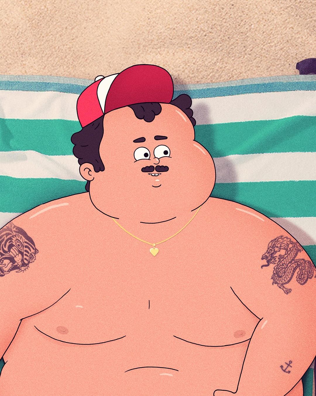 Cartoon-style illustration of an adult male lying on a beach towel in a red and white cap with tattoos on his arms and a gold heart necklace.
