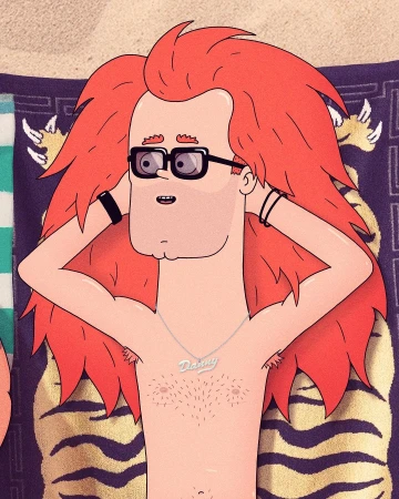 Animated man with red hair relaxing on a beach towel, wearing glasses and a silver necklace, hands behind his head.