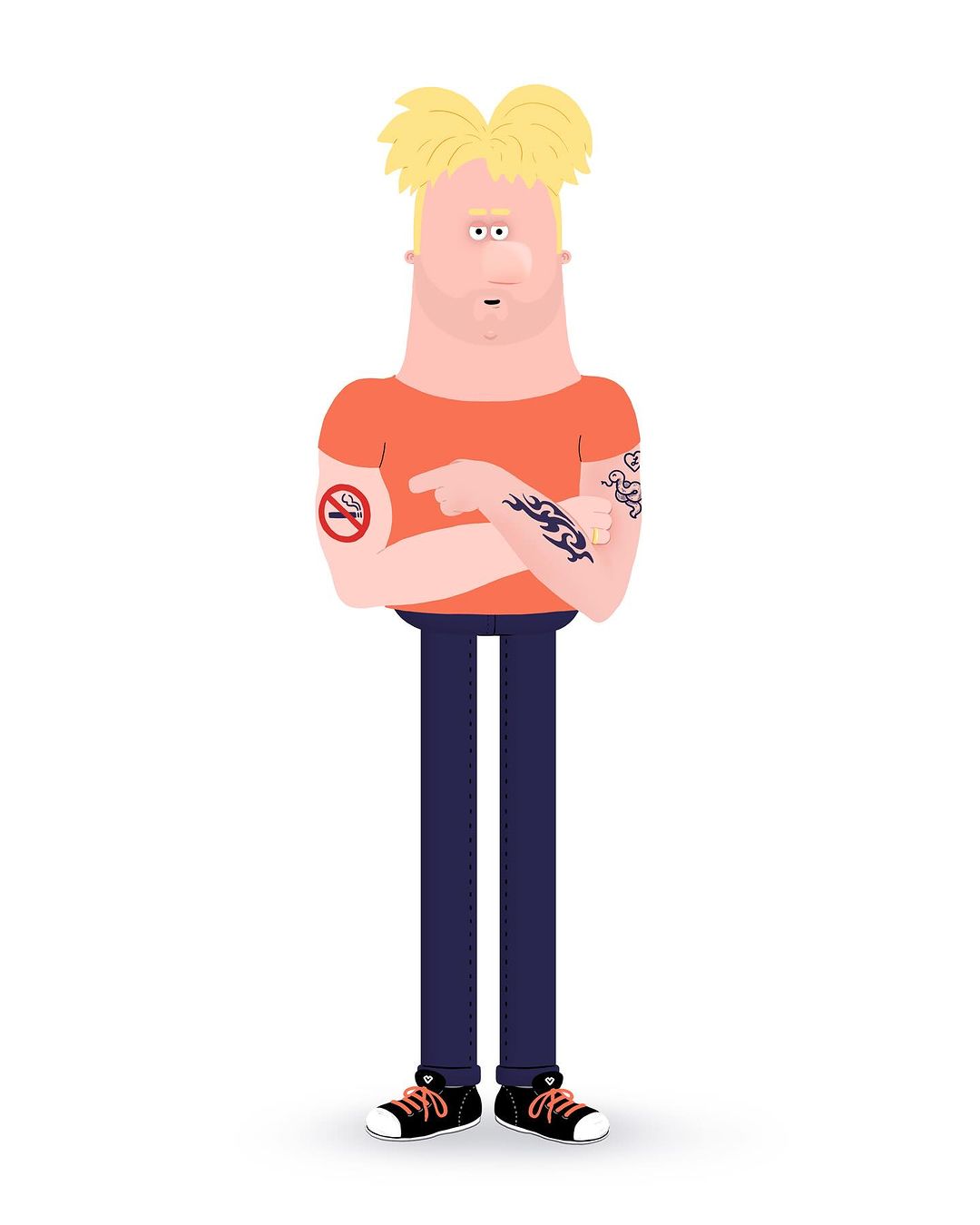 Cartoon illustration of a blonde man with tattoos, arms crossed, and a no-smoking symbol on his arm against a white background.