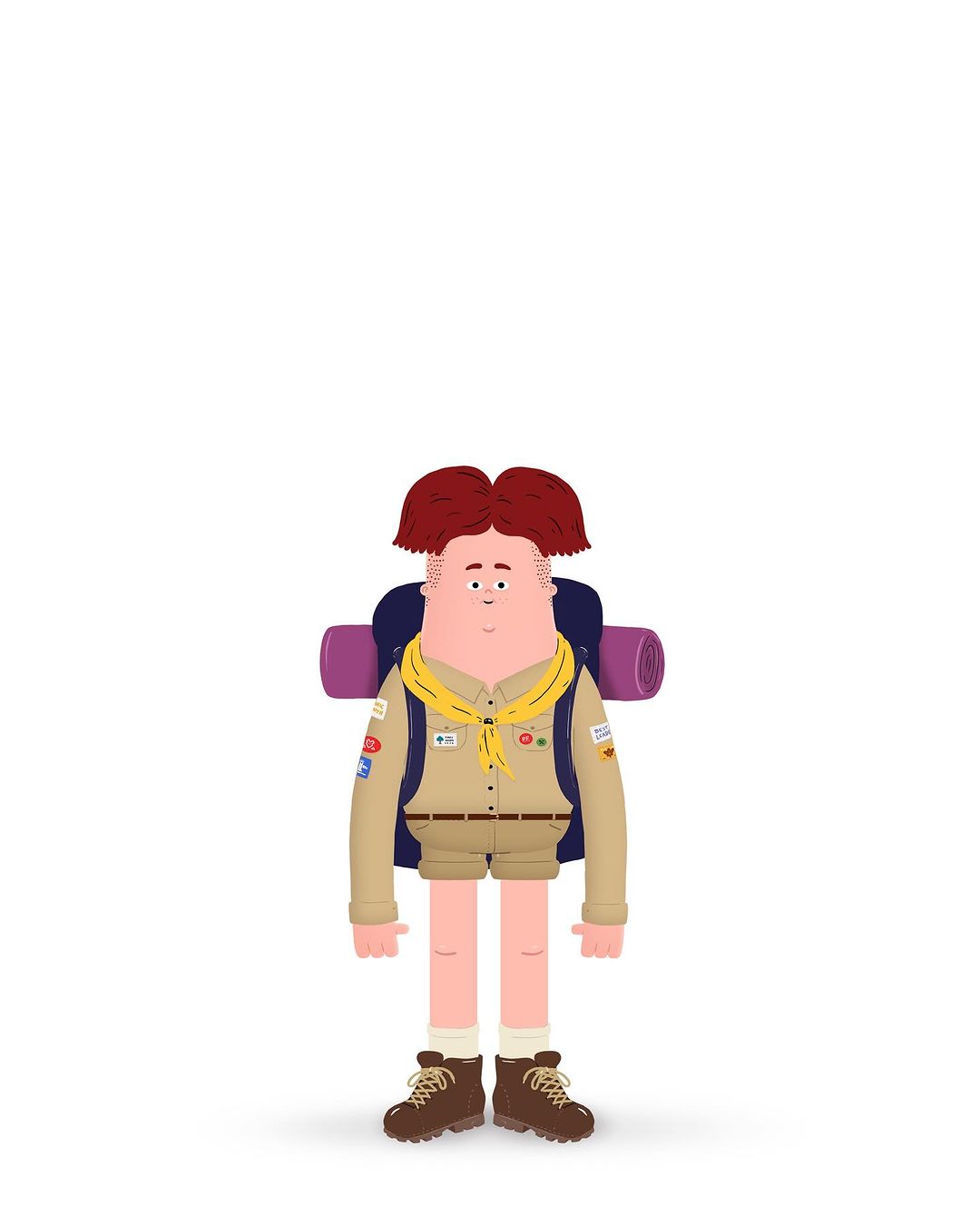 Illustration of a cartoon-style boy scout character with a backpack and hiking boots standing against a plain white background.