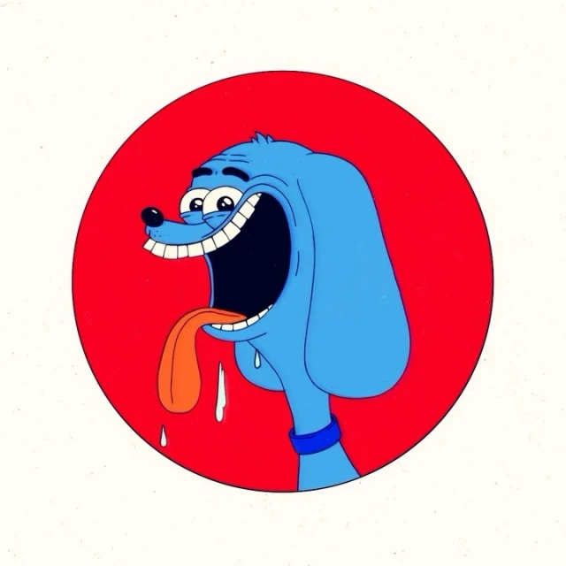 Cartoon illustration of a blue dog with a wide, toothy grin and an orange tongue lolling out, set against a red circular background.