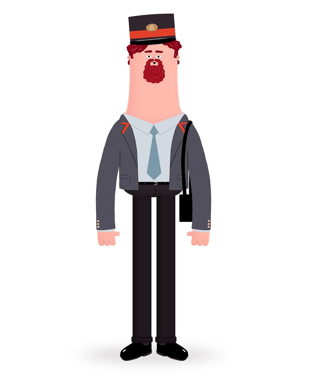Illustration of a cartoon man with a beard wearing a grey suit and hat standing against a white background.