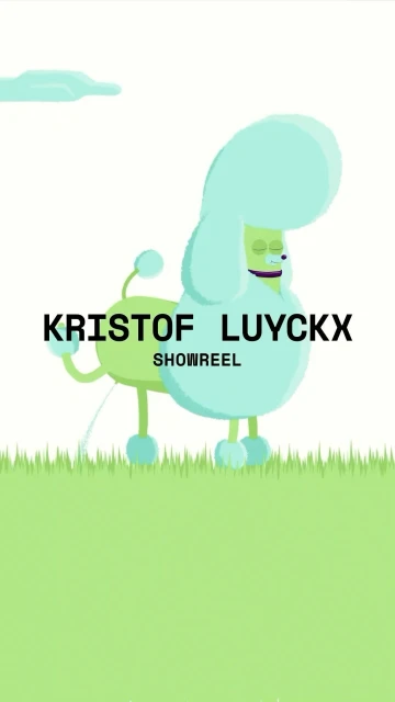 Animated poodle dog character in a green and white landscape, featuring the text 'KRISTOF LUYCKX SHOWREEL' in bold, sans-serif font.