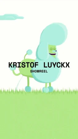 Animated poodle dog character in a green and white landscape, featuring the text 'KRISTOF LUYCKX SHOWREEL' in bold, sans-serif font.