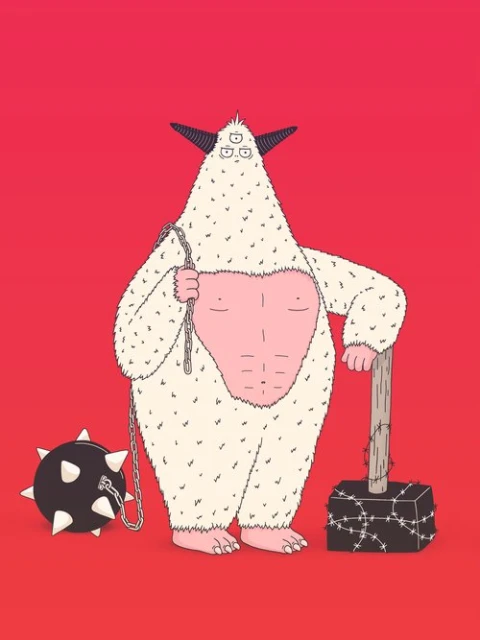 Illustration of a three-eyed, furry monster holding a chain and leaning on a barbed-wire-wrapped hammer against a red background.