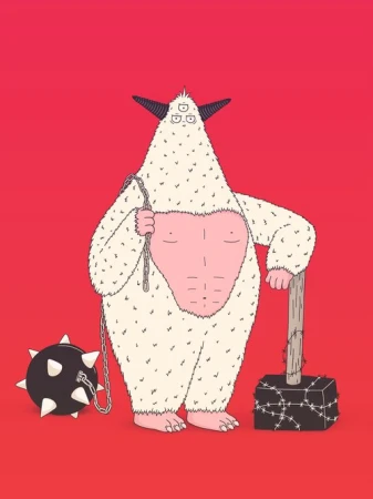 Illustration of a three-eyed, furry monster holding a chain and leaning on a barbed-wire-wrapped hammer against a red background.