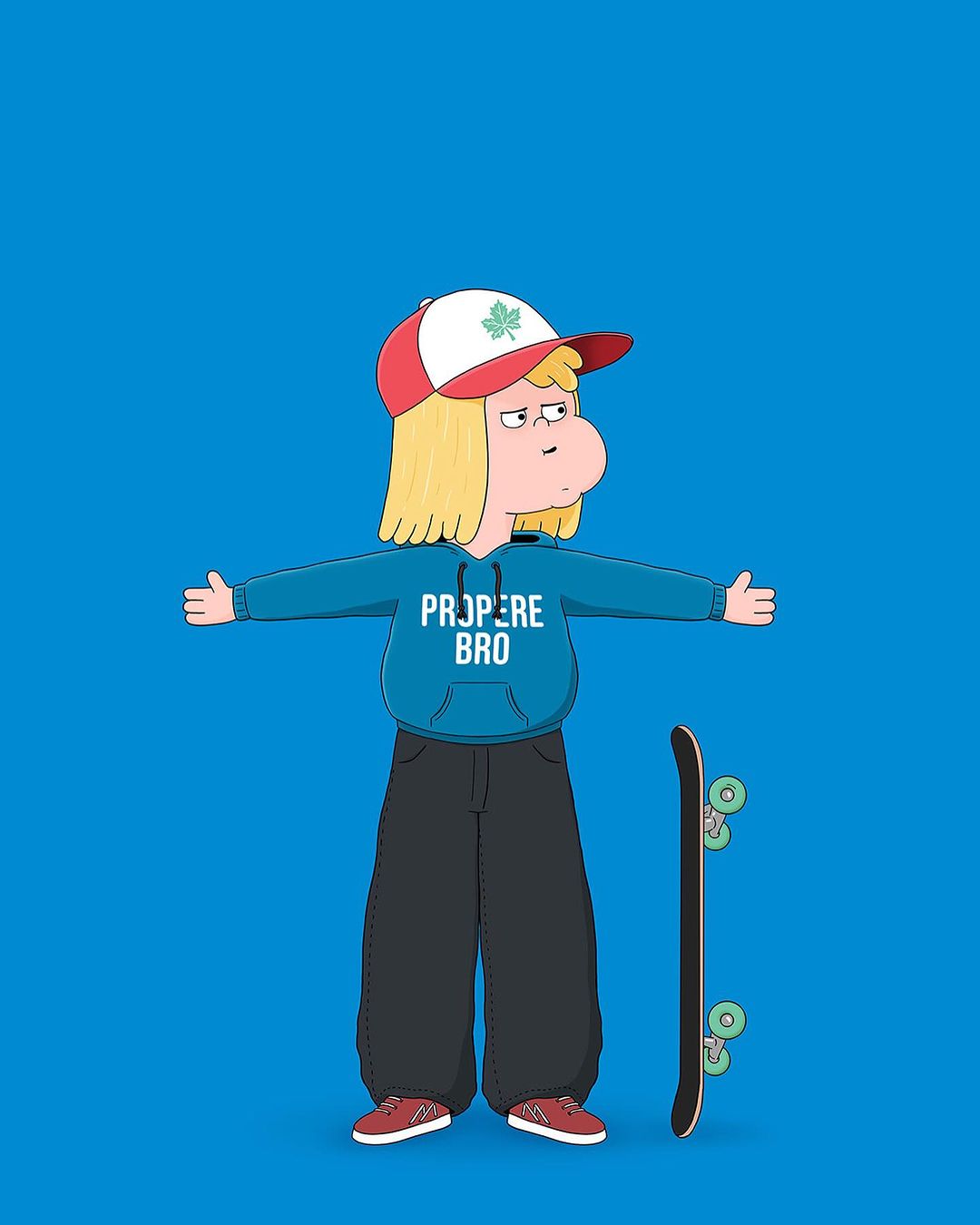Animated blond character stands with a skateboard against a vibrant blue background in a digitally created cartoon style.