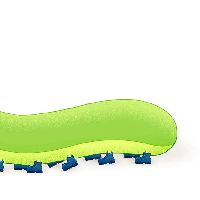 Whimsical digital art of a green cartoon caterpillar with blue shoes walking, set against a plain white background.