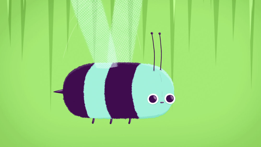 Illustration of a cartoon bee with stripes, wings, and antennae against a light green background with vertical lines.