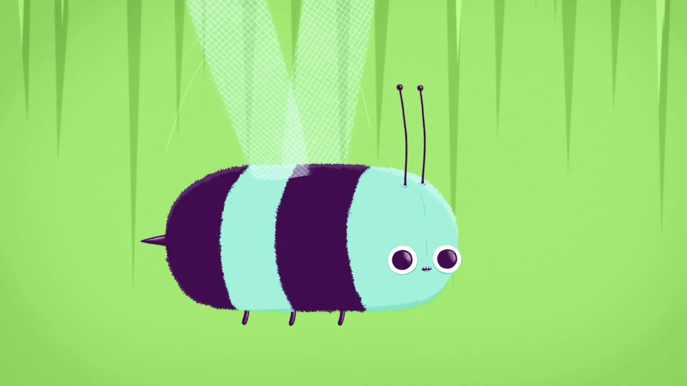 Illustration of a cartoon bee with stripes, wings, and antennae against a light green background with vertical lines.