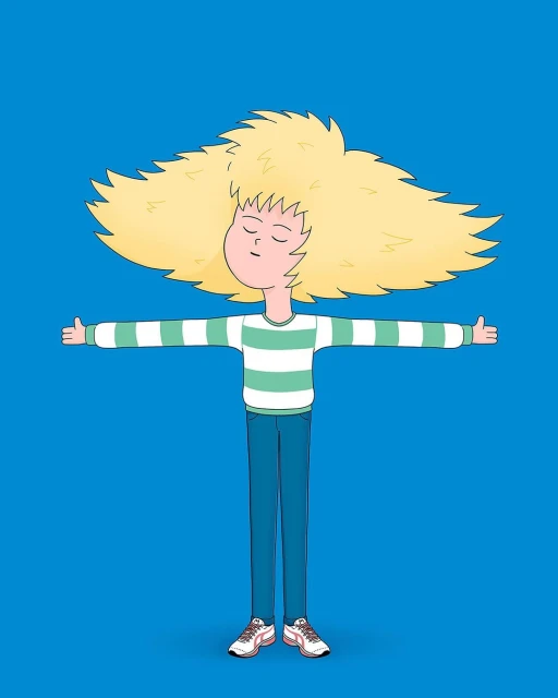 Cartoon illustration of a person with a huge, fluffy, light-yellow afro, green and white striped shirt, blue jeans, and pink sneakers on blue.
