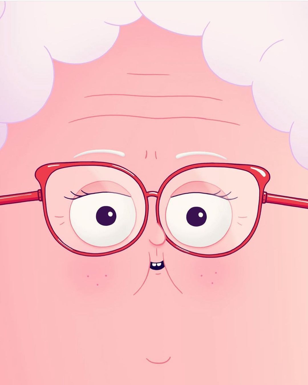 Close-up cartoon illustration of an elderly person with white hair, red glasses, and a pink complexion with a cheerful facial expression.
