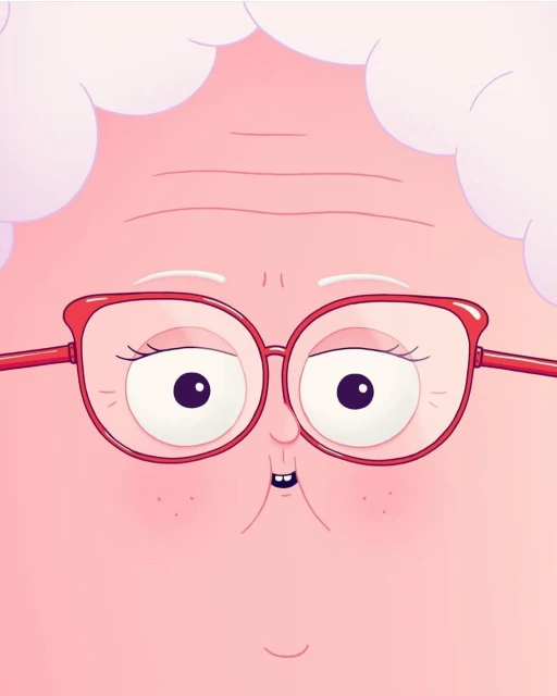 Close-up cartoon illustration of an elderly person with white hair, red glasses, and a pink complexion with a cheerful facial expression.