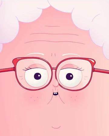 Close-up cartoon illustration of an elderly person with white hair, red glasses, and a pink complexion with a cheerful facial expression.