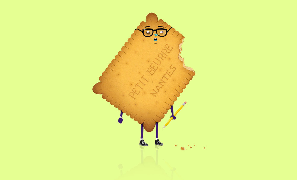 Cartoon cookie character with glasses, arms, and legs standing against a light green backdrop with a pencil in hand and crumbs.
