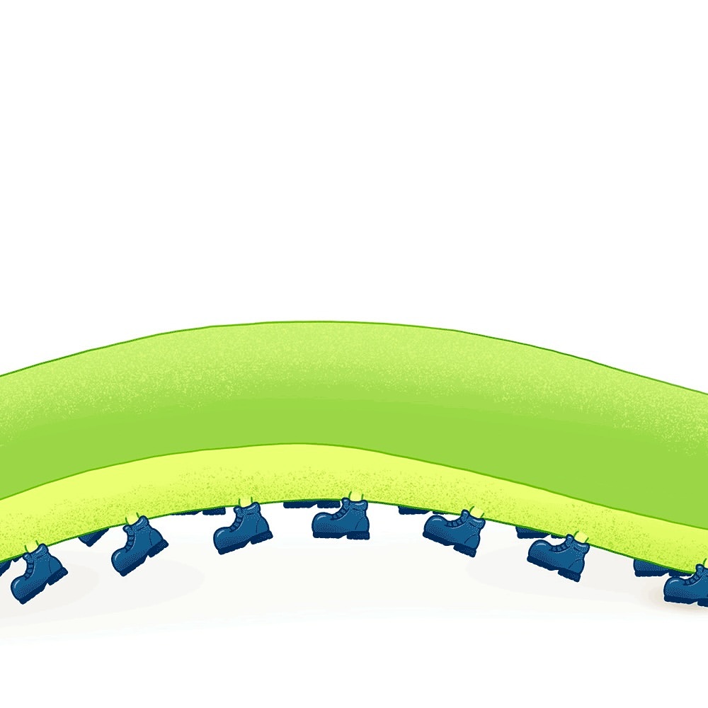 Illustration of a curved, green terrain with a line of blue boots, evoking a whimsical or fantastical narrative, on a white background.