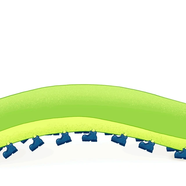 Illustration of a curved, green terrain with a line of blue boots, evoking a whimsical or fantastical narrative, on a white background.