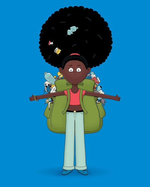 Illustration of a Black cartoon girl wearing a backpack full of trash, standing against a bright blue background with an afro hairstyle.