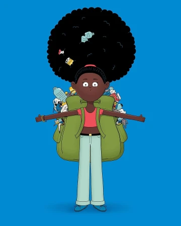 Illustration of a Black cartoon girl wearing a backpack full of trash, standing against a bright blue background with an afro hairstyle.