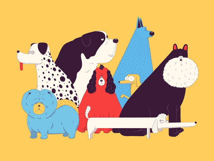 Illustration of cartoon-style dogs of different breeds and colors against a yellow background, including a Dalmatian and a Dachshund.