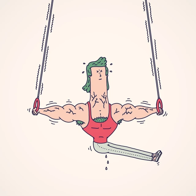 Illustration of an exhausted, muscular character on gymnastic rings, with green hair and a red tank top, set against a cream background.